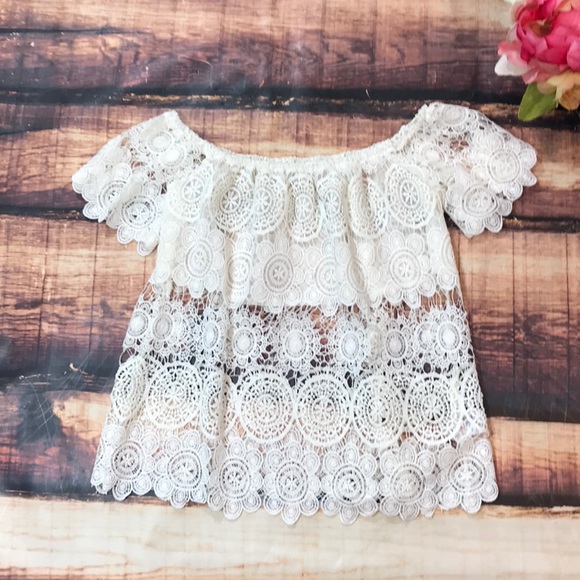 Sale! White Off Shoulder Crochet Lace Sheer Top - Picture 2 of 6